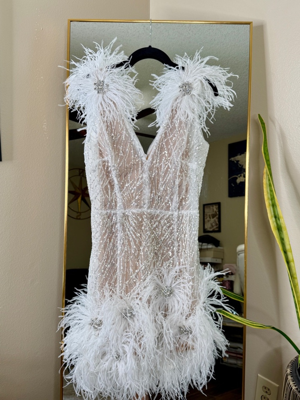 Nadine Merabi Mila Feathered White Mini Dress NWOT - Picture 9 of 11